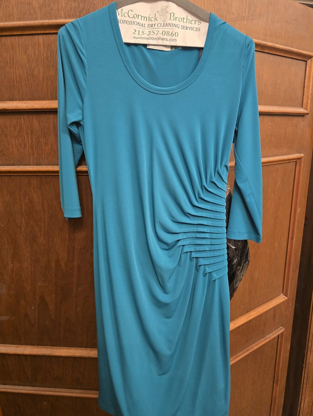 Calvin Klein Teal Long Sleeve Ruched Side-Detail Dress